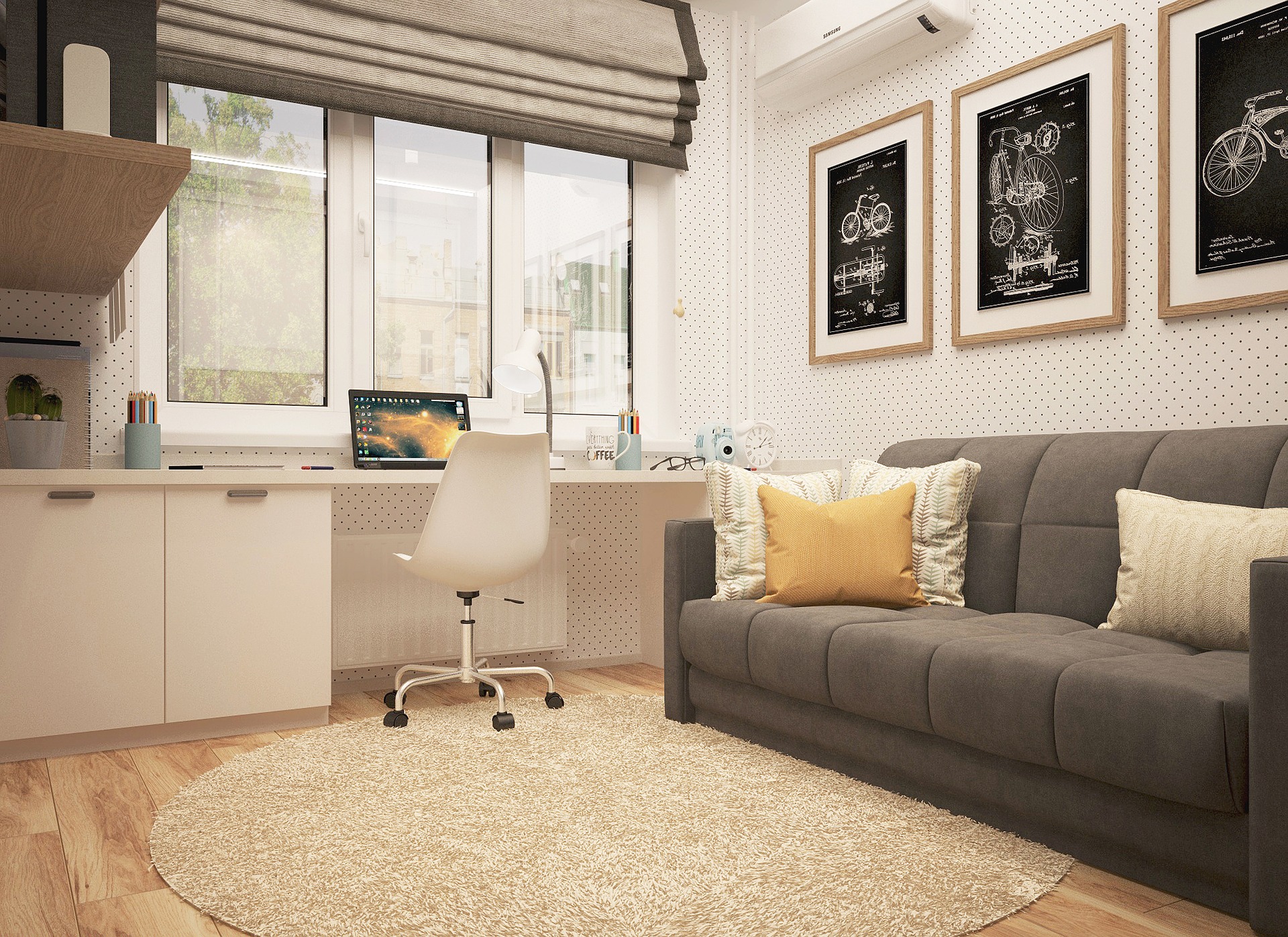Chambre d’étudiant avec un bureau, un canapé, un tapis au sol et des cadres au mur